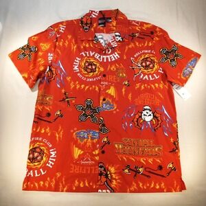 Stranger Things Hellfire Club Button Up Shirt Red Flames Graphic Men's XL NWT